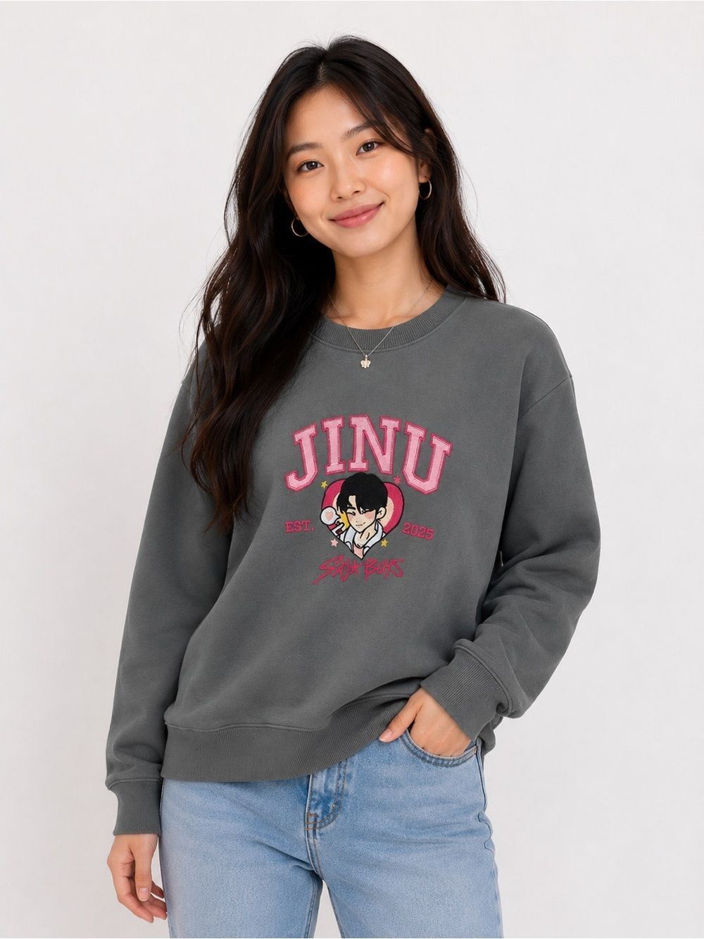 Gray K-pop Demon Hunters Sweatshirt with Pink 'JINU' Embroidered Graphic